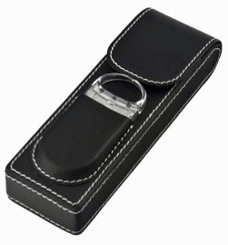 Cigar Case 2 Finger Black LEATHERETTE with Cutter